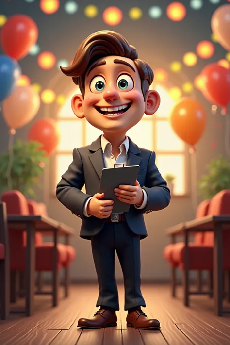 Create a 3D cartoon character of an event manager, born in April. The character has a cheerful, energetic expression and is wearing a stylish suit, holding a clipboard. The character is standing in the middle of a festive party scene, with balloons, stream...