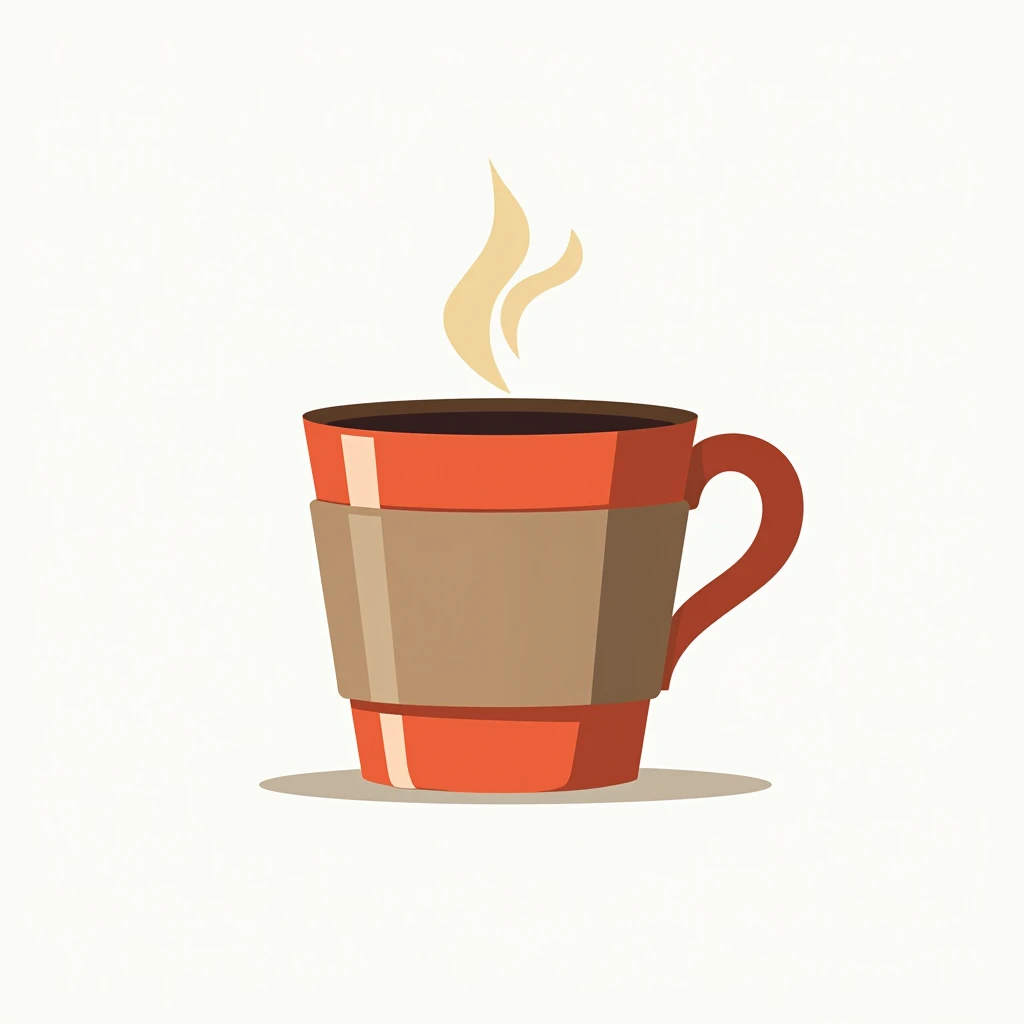 A minimalistic vector icon of coffee cup, styled in a clean 1960s retro theme, vibrant  colours, flat design style, bold contrasting outline, crisp edges, scalable resolution, suitable for gaming interfaces, blank white background