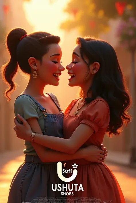 

[Final scene:  Camila and Sofi stop to hug each other while laughing .  The screen shows the Ushuta Shoes logo with the final message .]

