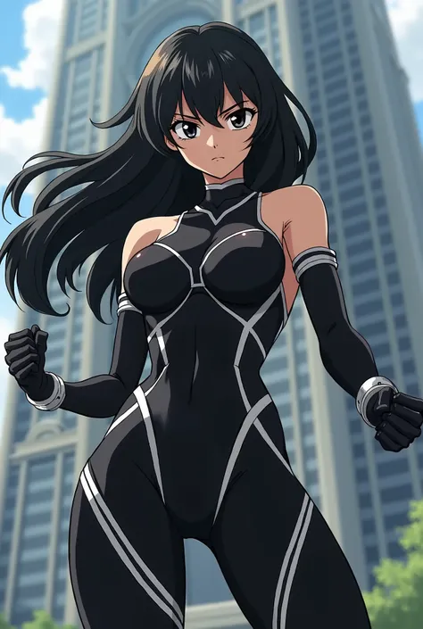  My Hero Academia style ,   anime girl , woman, young woman ,  full body shot ,( Fighting Stance :1.3),Long Hair, Black Hair,   black eyes , hero suit, Full Body Suit,  black suit with white details, perfect anatomy,  enhanced abs , super detailed,(buildin...