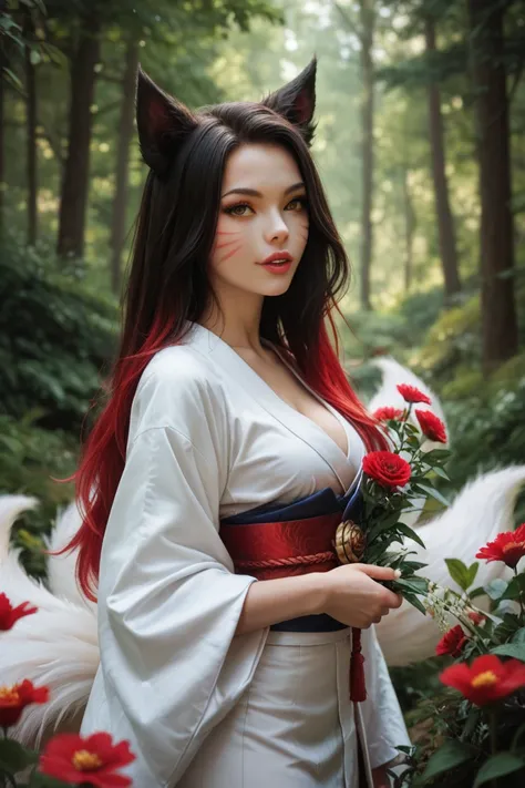 Ahri.  League of Legends . White Kimono with red . surrounded by flowers. forest.