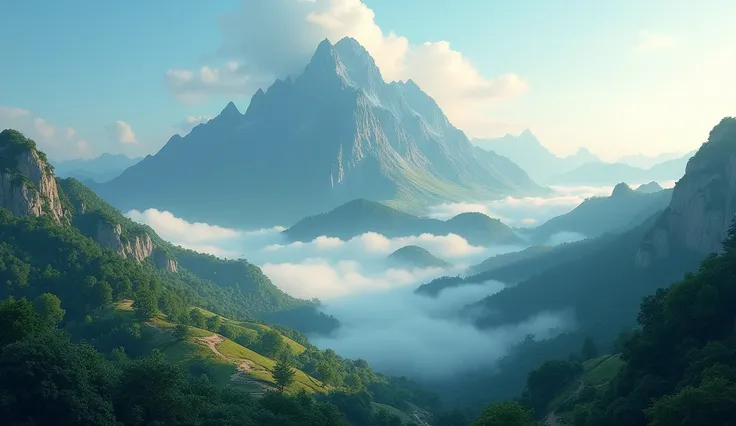  A magnificent mountain is lined with clouds ， The mountain body is covered with lush forest ， Layers of trees ， Expresses abundant vitality 。 There are winding paths in the mountains ， seem to add a layer of fantasy to the mysterious depths ， and the top ...