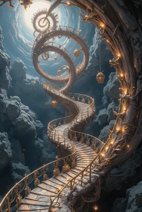 A towering spiral staircase made of intricately repeating fractal patterns, each step composed of impossibly intricate forks and knives twisted into mind-bending geometries.