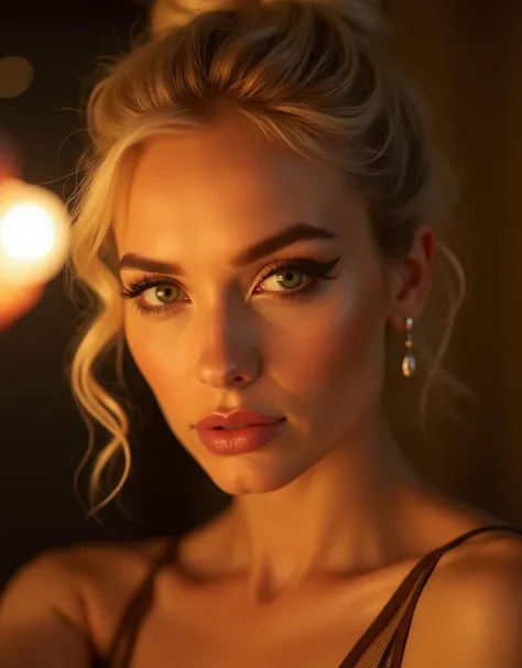 Blonde woman, taking a selfie with the front camera, head slightly profiled, looking to the side, has a bun slicked back with gel, cat eyes, slightly golden light