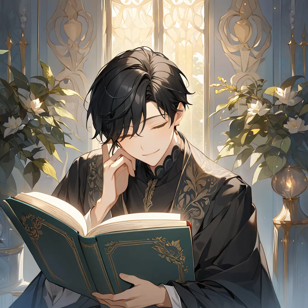 an  boy. pale and slender. a gentle smile. black hair with bangs long enough to touch his eyes. he loves reading and is hugging ...