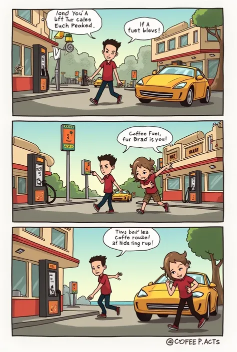 CREATE A COMIC (4 acts )  with a type of simple linear fun illustration where gas shortages are used in the form of humor and that sends a message,  that focus on a coffee shop brand . Where gas stations charge you coffee instead of gasoline for your car  