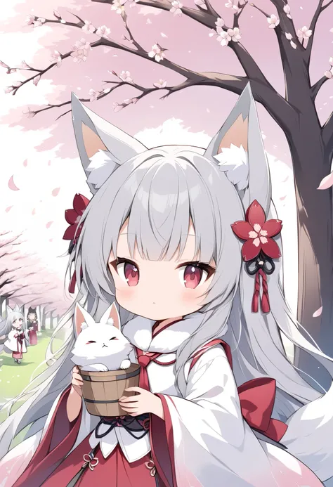  Thin and Soft Painting Style、White fox girl  、Grey Hair、 smooth long hair 、  fox ears、  foxs fluffy tail 、Ruby Eyes、  zitales、cute、:<、Onmyoji costume 、 ties hair behind、Cherry Blossom Snowstorm、 under a cherry tree , holding a pail containing a white fox ...