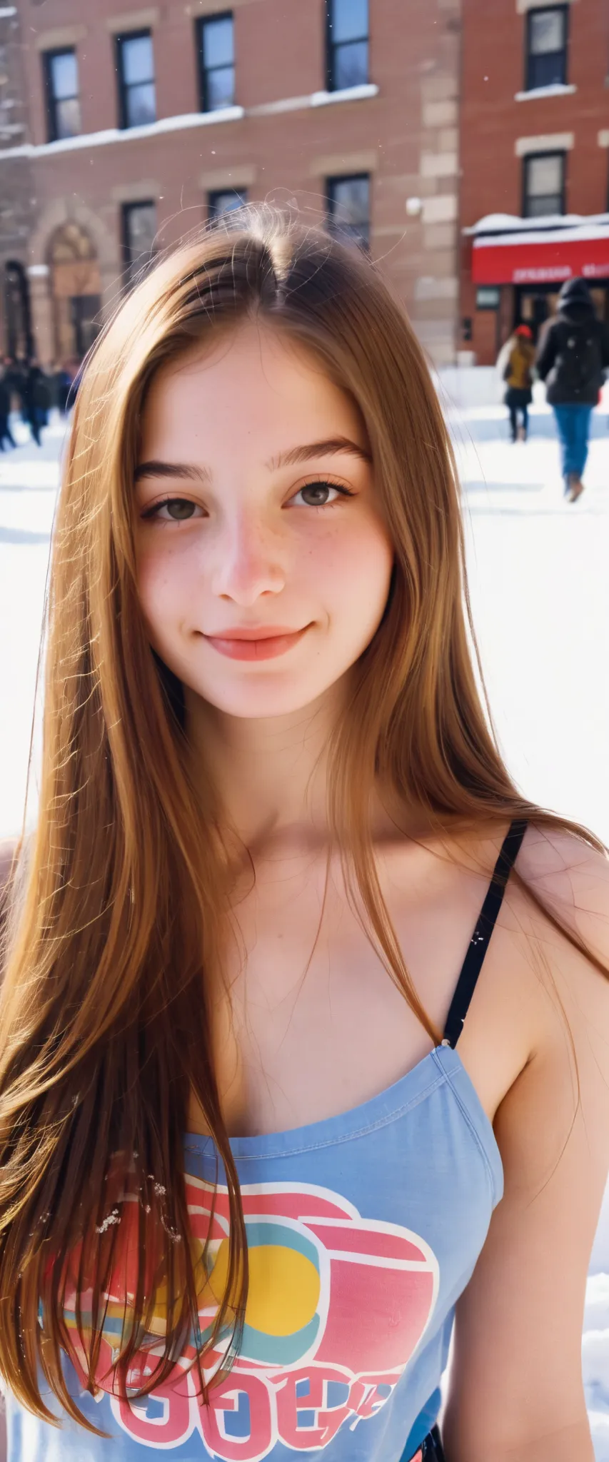 (indistinguishable from reality:1.4), 1girl, selfie, an half portrait of a beautiful 18y.o new york , (detailed facial features)...