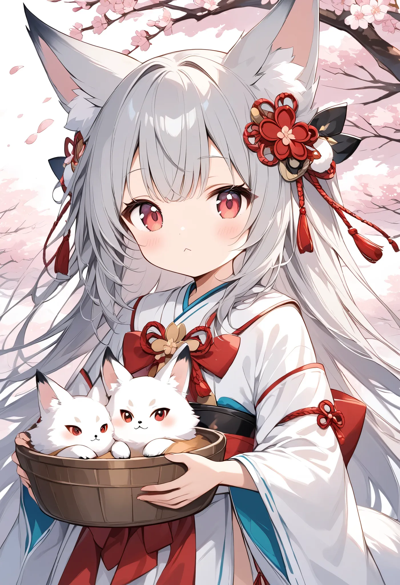  Thin and Soft Painting Style、White fox girl  、Grey Hair、 smooth long hair 、  fox ears、  fox's fluffy tail 、Ruby Eyes、  zitales、cute、:<、Onmyoji costume 、Cherry Blossom Snowstorm、 under a cherry tree ,Holding a tub containing a white fox