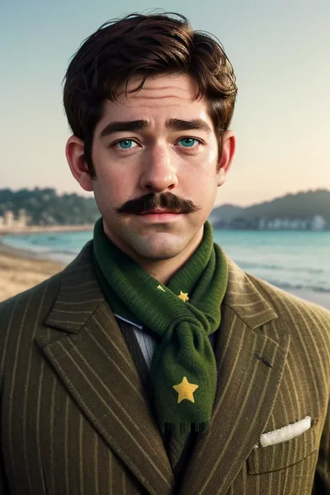 portrait, 26 years old man version of (John Krasinski), freckles, (french mustache)+, big nose, (brown hair), ((wearing green star shaped suit)) and a green striped scarf, (lime green eyes), in a beach, sad expression, Full HD, Stunning visuals, Ultra deta...