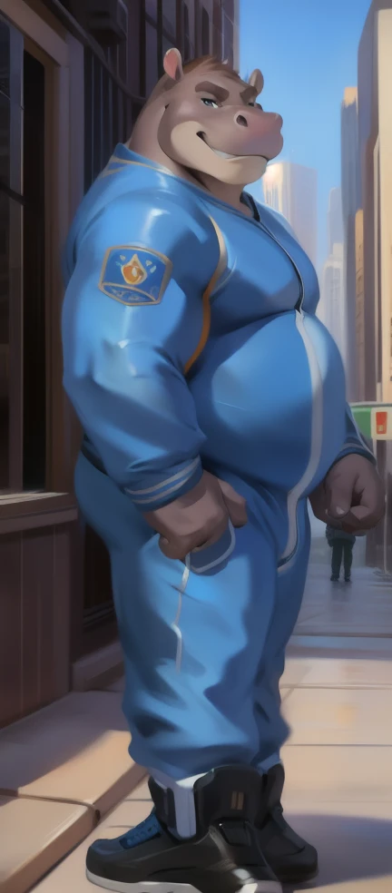 Solo, male, standing, street, hippo, blue military spacesuit, overweight, muscular, smirking, by chunie