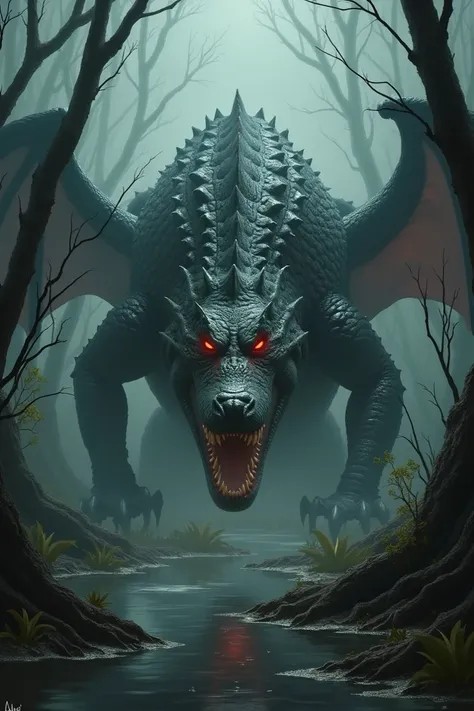 a dragon mixed with an alligator in a very scary and dark swamp