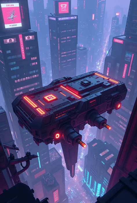 Pixel art, flying platform, cyberpunk