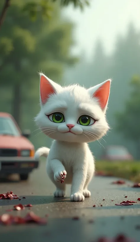 playful white cat with green eyes and stripes,sad ,hand damaged, 1 tree,road ,car accident ,damaged blood splatter ,aspect ratio 9:16, 3d animation ,walk ,crying, going to h