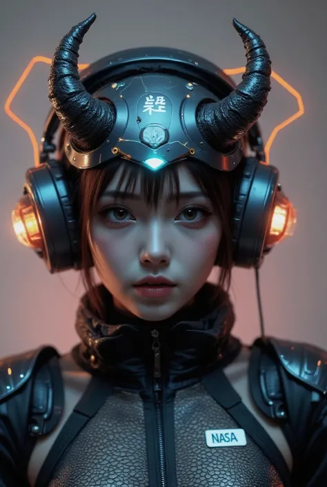 Hyper realistic portrait of woman with mecha demon horns, best quality, realistic skin texture, dark core ghostly expressive features, street wear futuristic clothing with multiple cloth fastenings and different materials, layered textures, nasa materials,...