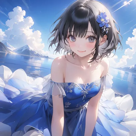 
( best quality), ( Ultra Hi-Res), ( high definition ), (超 high definition ), ( very detailed CG), (32K), (masterpiece),( 1 girl),smile、blush、 beautiful dark eyes 、 beautiful black hair、 short hair 、(Small breasts)、 off-shoulder 、strapless dress、 beautiful...