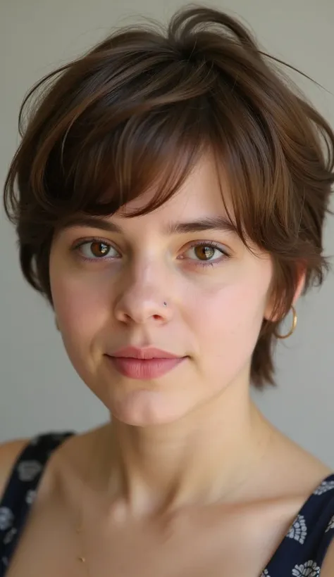 Young woman with very short and messy hair, with small pink lips, hazel eyes and a little turned up cute nose. She is wearing a pink top. She is wearing large gold hoop earrings and a chunky gold heart necklace.  Portrait. 