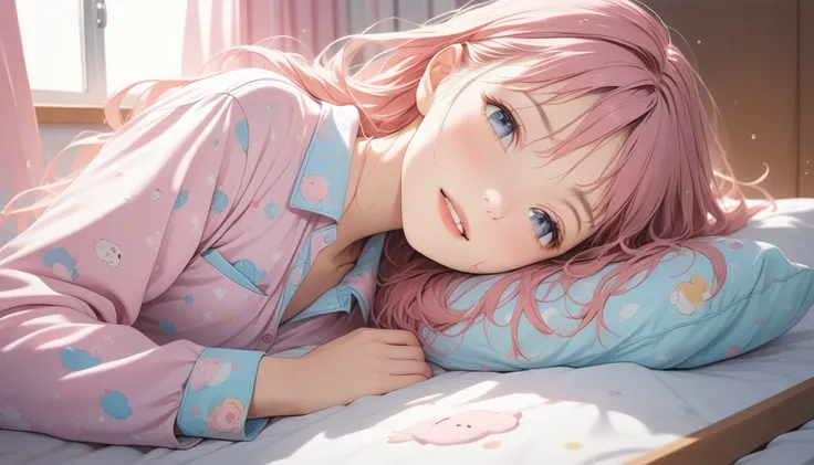 16-year-old girl, Chest peels , Waking up, Messy Hair, Pink Hair, pajamas,  simple background, Slightly Sleepy Eyes ,  gentle smile , (masterpiece), ( best quality), ( super detailed),  very sophisticated, Illustration,  perfect composition on the board,  ...