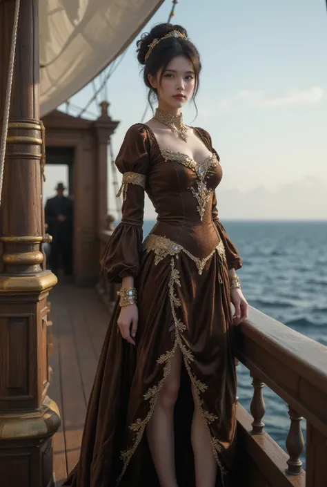 old wooden big ship on the open sea. At the stern stands a woman with beautifully styled black hair.. high hairstyle with gold jewelry with precious stones. Chocolate colored dress, velvet, with crinolines, embroidered with gold threads. On his feet are sh...