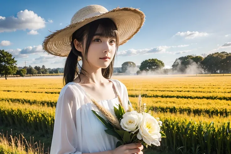 rural, Morning Mist, Expanding wheat field ,  woman in a white dress,  straw hat, Holding a bouquet, Soft Light, Peaceful atmosphere, Bright sky,  girl, Alone, bangs,  princess cut,  short twin tail 