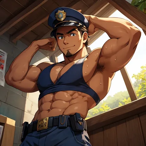 anime、human、Several men、Age 30、Muscular、Short Hair、 Tanned Skin、Police Officer、Dirt、odor、It stinks、sweat、The bursting water、sunnyている、sunny、victory、good mood 、fine