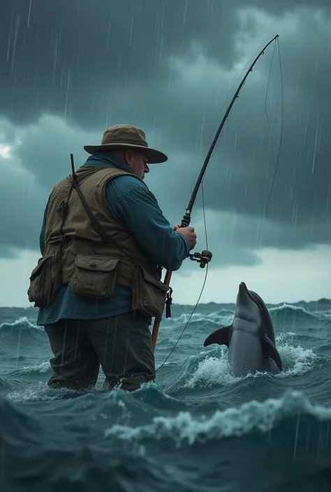 (photorealism:1.2), Fat bald guy fishing, fishing dolphin, in the sea, dark sky, raining