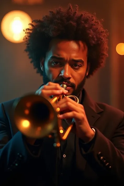 A curly haired man with light brown brown eyes playing trumpet