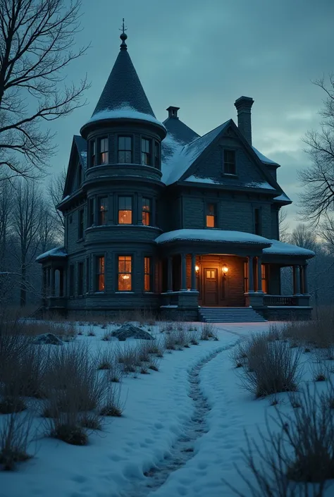 "The iconic hill house at twilight, its warm interior lights sharply contrasting the cold, snowy exterior. Despite its beauty, a subtle shadow or crack in the walls hints at the emotional scars and hidden conflicts brewing within."