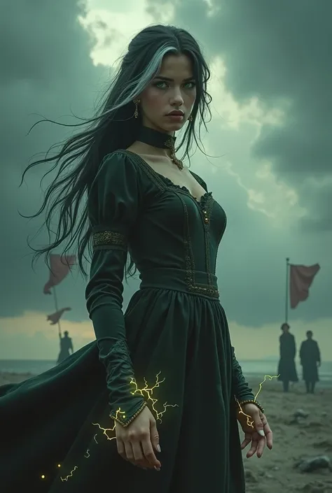 "A determined girl standing against a stormy sky, symbolizing her struggle to reclaim her throne. She has a lithe, agile build and a commanding presence despite her youth, with long raven-black hair cascading down her back, marked by a striking streak of w...