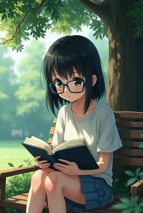 Create image. Anime photo. A girl reading a book, sitting on a bench outside under a tree. The girl has BLACK eyes, black shoulder length hair. And shes wearing blue glasses. Draw a nose on her face too! Make it visible dont just draw a line