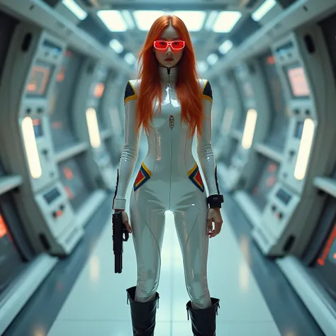  A Korean woman with long red hair ,  wears shiny suit white color Star Trek uniform , sexy ,  carries a very unique assembled pistol  , star trek logo ,   black boot cyberpunk model  ,  standing model pose facing back and face facing camera  ,  wears red ...