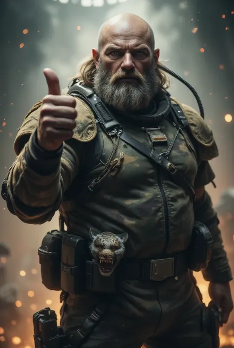 (a dark-skinned bearded fat muscular old man in a bulky army camouflage zipper diver suit) holding a gun, (wearing a small-sized realistic roaring tiger mask), dynamic action pose, fierce expression, showcasing an imposing stature, surrounded by military e...