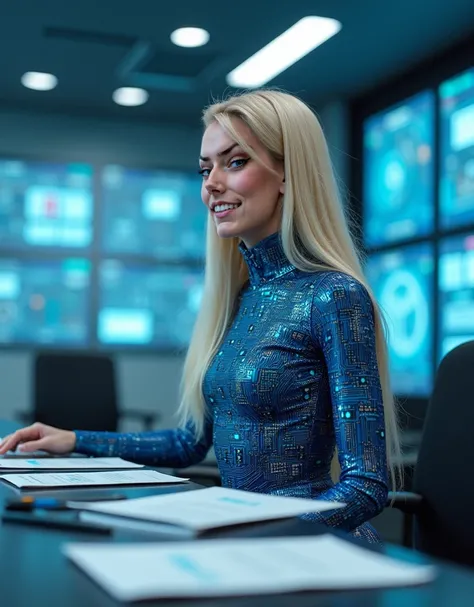 from top, low angle, in a futuristic office with holographic screens in the background, standing in front of her desk with files, a woman is wearing a iron bodysuit made of blue chipset and circuit board and high white boots, very long straight blond hair ...