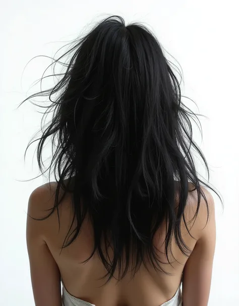 Woman from behind showing only her disheveled, unkempt hair, with hair raised all over the place, dull, too frizzy, totally damaged and ugly. Her hair is straight, medium long and black. white background