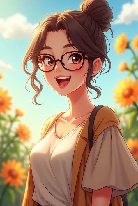 - プロンプト: A busty woman with her hair styled in a bun, wearing glasses, in a bright and cheerful setting. She has a warm smile, dressed in a stylish outfit, with soft lighting highlighting her features. The background includes some colorful flowers and a su...