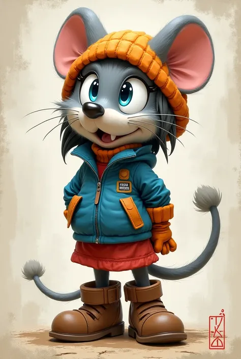  concept art only , hybrid, raton, mobian,female,  gray body color ,, blue diver,  orange hat , red skirt, brown boots,  orange wool gloves ,black nose, Cola gray mouse , grey ears, mouse ears,  MOUSE TEETH ,  blue eyes , red skirt, standing, Open mouth,  ...