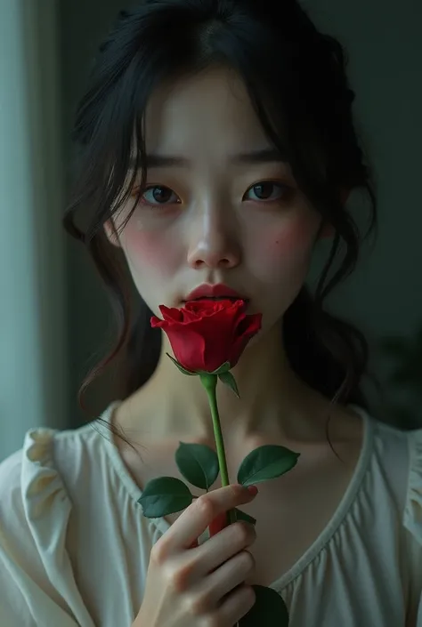 "A sorrowful woman with a melancholic expression holds a single rose delicately beneath her chin. Her face is partially shadowed, emphasizing her tear-filled eyes and the fragility of the moment. The background is blurred, with muted, cool tones adding to ...