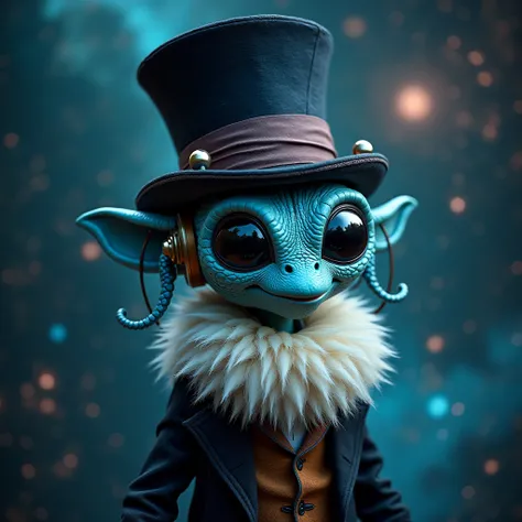 Mad Hatter steampunk alien, with blue rough skin, with huge delta-shaped black eyes, with thin tentacle-hair under the hat, a tall black bowler hat and a scaly tailcoat, with a huge fluffy white scarf on the neck, a sly smile, in alien unusual headphones, ...