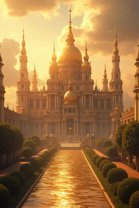 A grand palace shimmering under the golden sunlight, surrounded by immense wealth and luxury, symbolizing the life of a rich king who owns everything" A very clear ultra HD denamic iconic image.