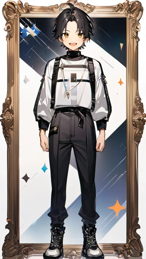 whole body、male、 is cool、 handsome、vtuber、White background、1 person、front、Character portrait、Arms at sides、upright、Open your mouth、smile、 simple outfit、Modern clothing、whole bodyが見える