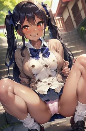 On the long stone steps of Ame no Jinja、(( is crouching and opening her legs in an M shape to show off her panties ))( sexy schoolgirl holding hands {x}、  best quality、超  High Definition 、  High Definition 、Fine CG、8k wallpaper、、Beautiful and pretty eyes、 ...