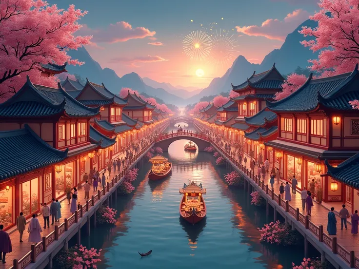 Ancient Chinese town, Three Kingdoms era, New Year celebration, 2D art, traditional architecture, Siheyuan layout, peach blossoms, plum blossoms, fireworks, canals, arched bridge, flower-decorated boats, distant mountains, festive atmosphere, historical se...