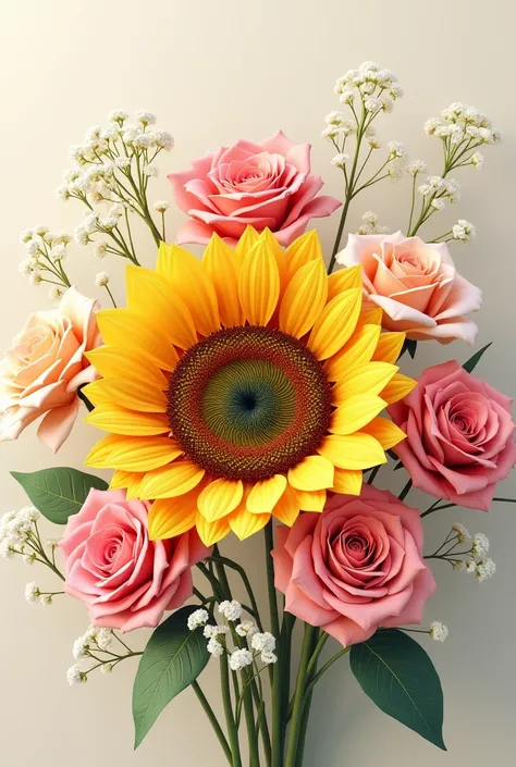 bouquet of a sunflower surrounded by carnations and gypsophila