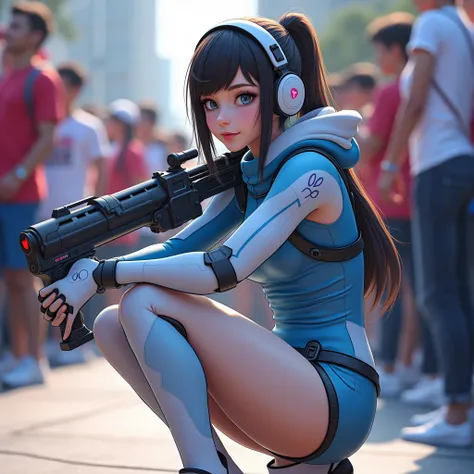 whole body,OVERWATCH2のキャラクターであるd. cute teenage Japanese woman squatting in VA cosplay,bodysuit,(Round ass),  cheering crowd ,Crowd background,Photographer,d. VA Professional Equipment , High Performance D .VA Details ,OVERWATCH2,d.va from OVERWATCH2,Gloss,...