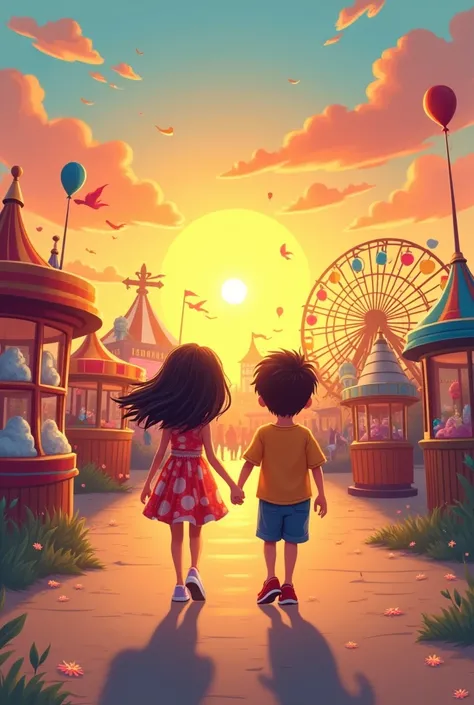 generate a simple cartoon picture of a girl and boy smiling walking away from amusement park while sunset