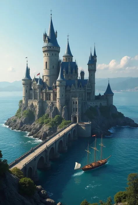  I need an image to use as inspiration to create my castle in a particular game,  the context is that it is a castle dominated by a wizard , Stay by the sea ,  must have a Gothic and medieval content , There is a port for boats and ships ,  with a bridge t...