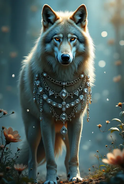 A wolf with chains with diamonds and flow 
