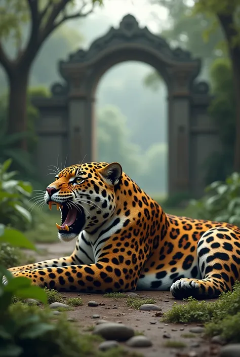 Jaguar lying down and its head almost sticking off the ground with its mouth open adapted to a park entrance