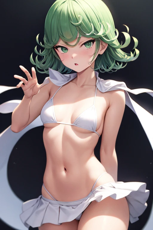 Tatsumaki, white bikini with white skirt, small breasts