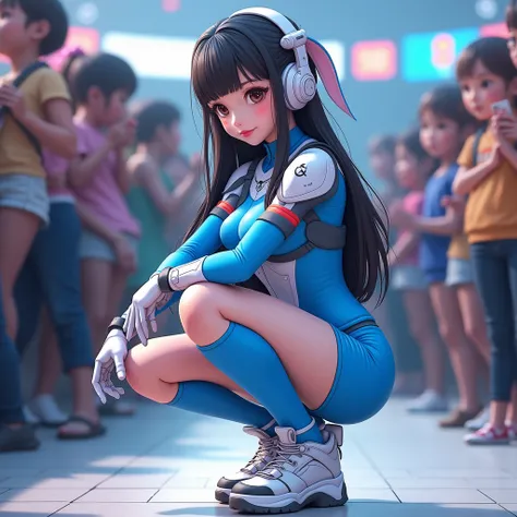 whole body,OVERWATCH2のキャラクターであるd. cute teenage Japanese woman squatting in VA cosplay,bodysuit,(Small Ass), Model, Portrait , cheering crowd ,Crowd background,Photographer,d. VA Professional Equipment , High Performance D .VA Details ,OVERWATCH2,d.va from ...